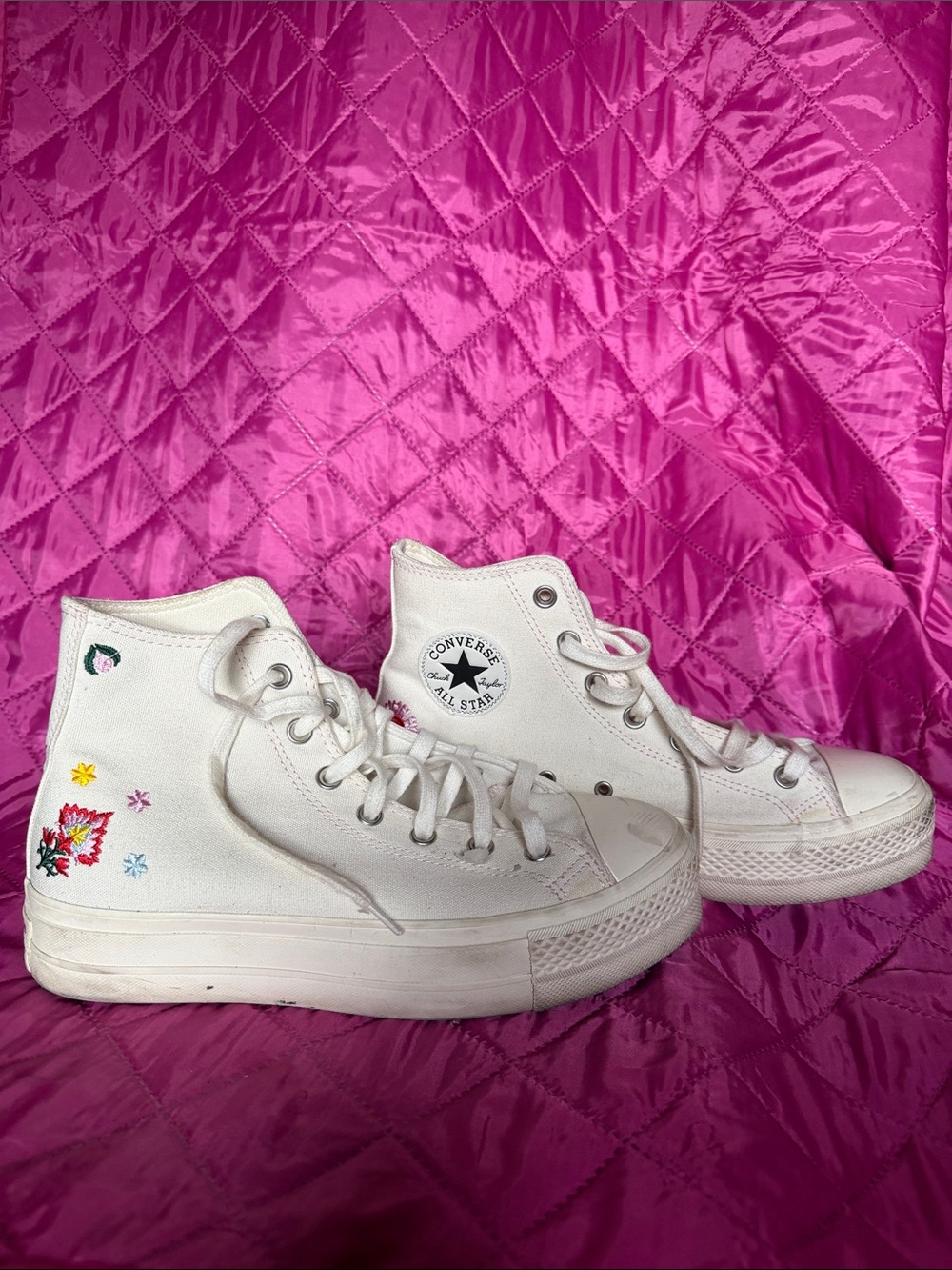 Converse White High-Top Sneakers with Colorful Floral Embroidery 9.5